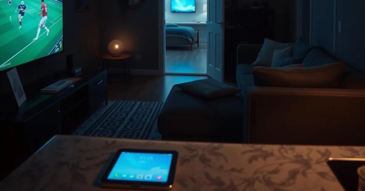 A dark home at night with three glowing screens visible across the living room, a bedroom and a phone on the counter, representing a family streaming across multiple devices