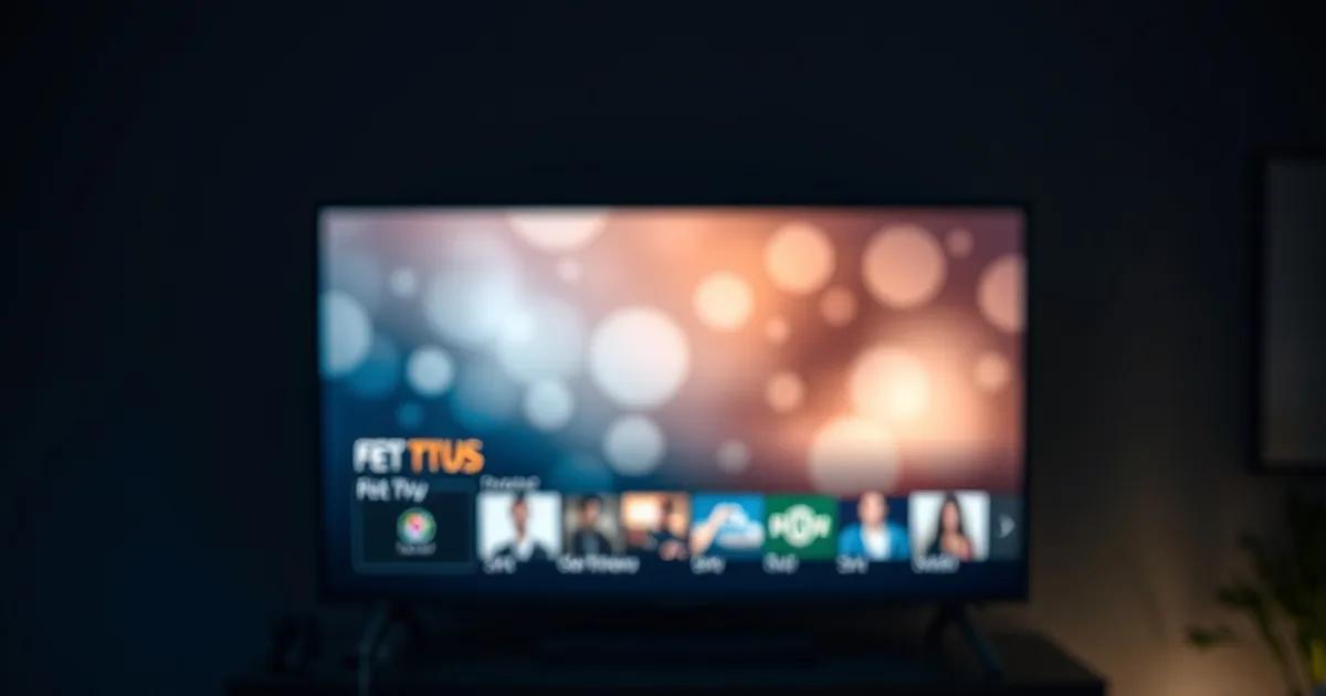 A streaming stick plugged into a television glowing with app tiles in a dim living room at night, remote control resting nearby.