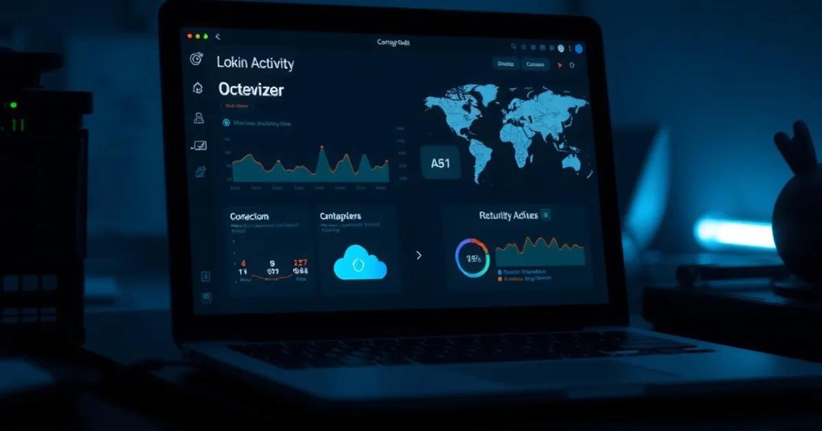 A laptop glowing in a dark room, its screen showing an abstract dashboard of connected device icons and a dotted world map representing active login sessions.