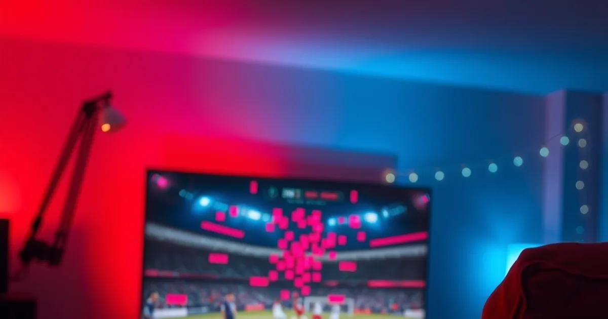 A football match frozen and glitching on a TV screen in a dark living room while a phone beside it shows a VPN switching servers