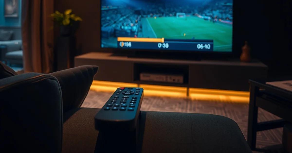 A dark living room at night lit only by a television paused on a football match replay, with a remote control resting nearby.