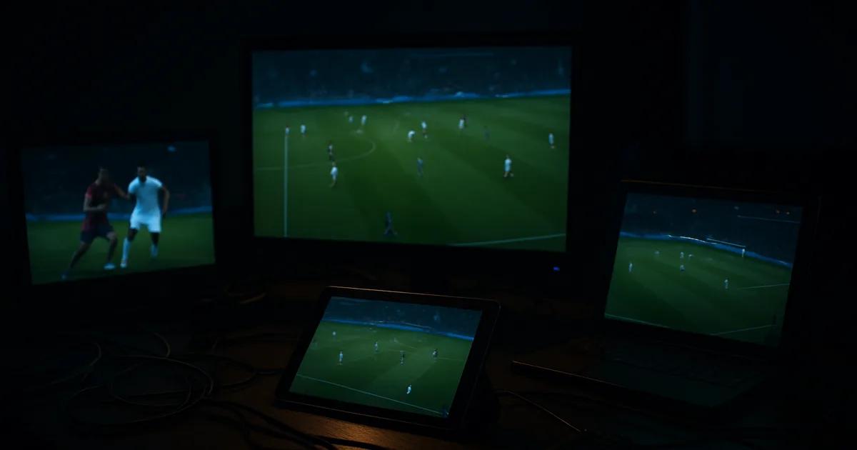 Multiple screens on a dark desk simultaneously streaming the same live football match to compare performance