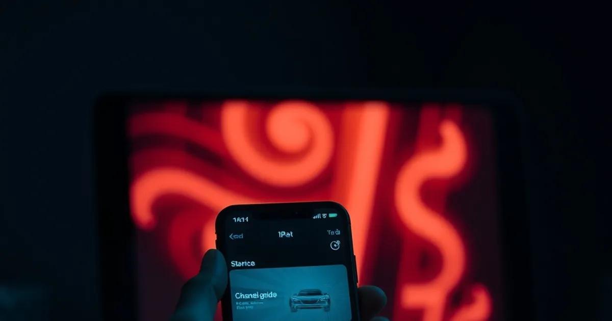 A hand holding an iPhone showing a glowing channel guide interface, with an iPad softly visible in the dark background