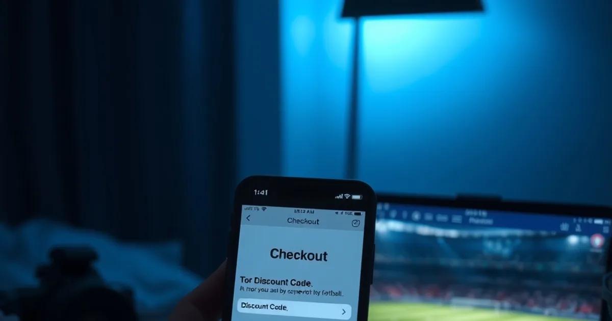 A smartphone checkout screen glowing in a dark room as a discount code is entered, with a football match streaming on a laptop in the blurred background