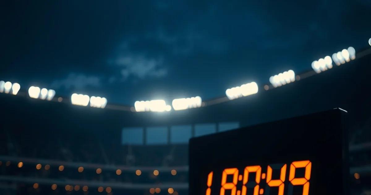 Dark cinematic scene of a floodlit football stadium in the distance behind a glowing television screen and remote control in the foreground, evoking a countdown to kickoff.