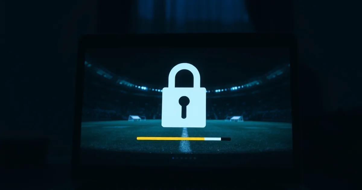 A laptop glowing in a dark room displaying a security checklist over a paused football stream, with a credit card resting beside it