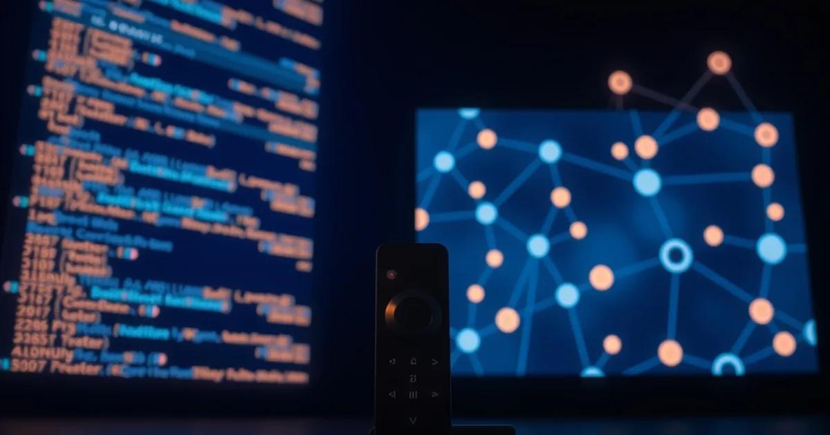 Split dark scene showing a glowing playlist-style data stream on one side and a pulsing network API diagram on the other, converging toward a streaming device in the foreground