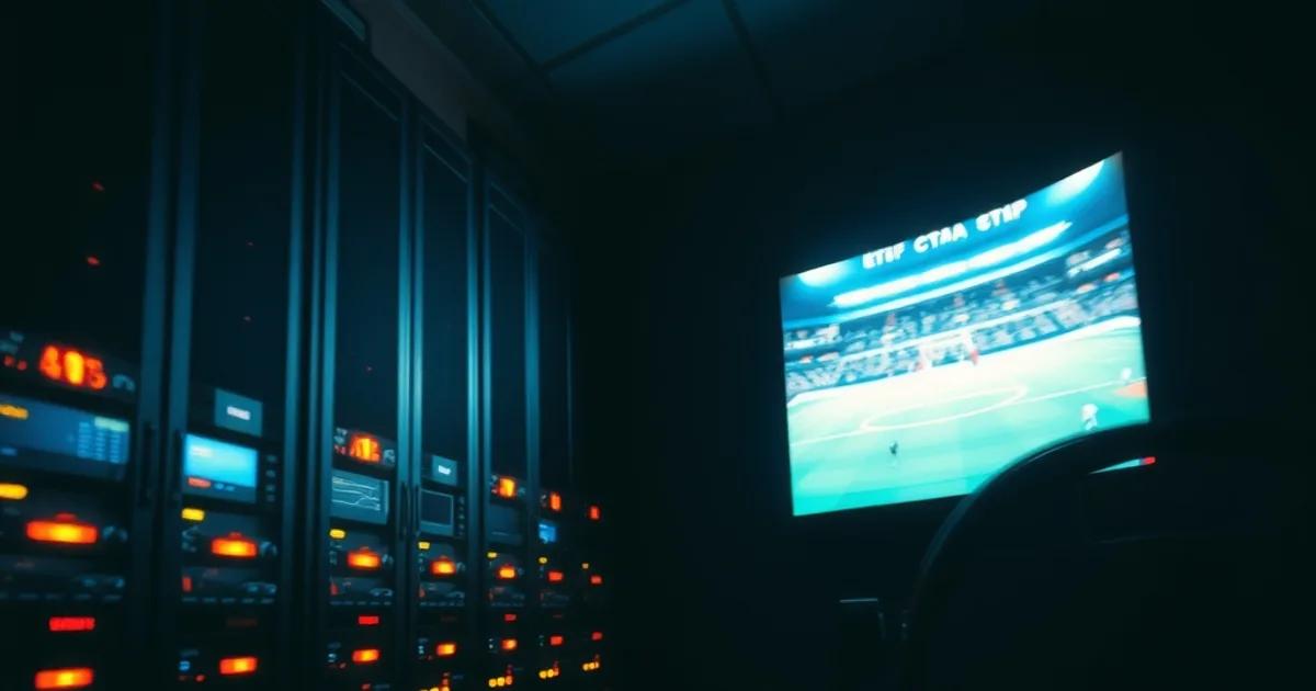 Dark server racks glowing beside a live football broadcast screen, symbolizing peak-hour infrastructure strain during a match
