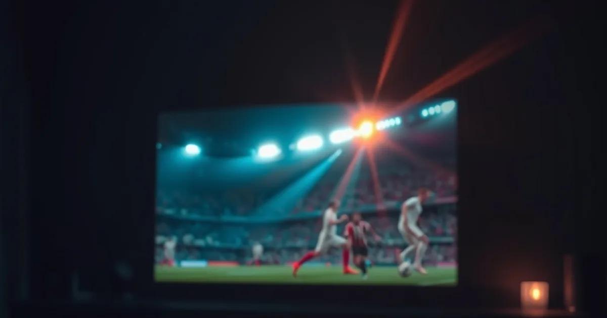 A television glowing in a dark living room showing a football match at kick-off, with a streaming remote control in sharp focus in the foreground