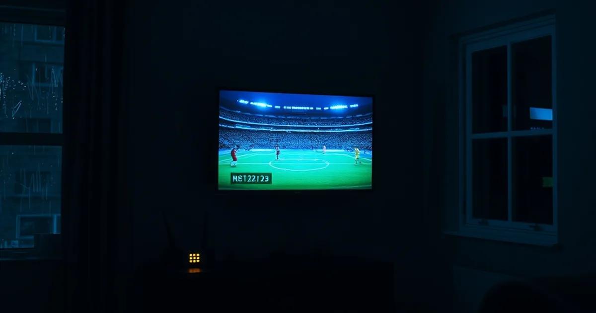 A dark UK living room at night with a football match glowing on a wall-mounted TV and a router blinking nearby, faint lines of light suggesting network data flowing toward the screen
