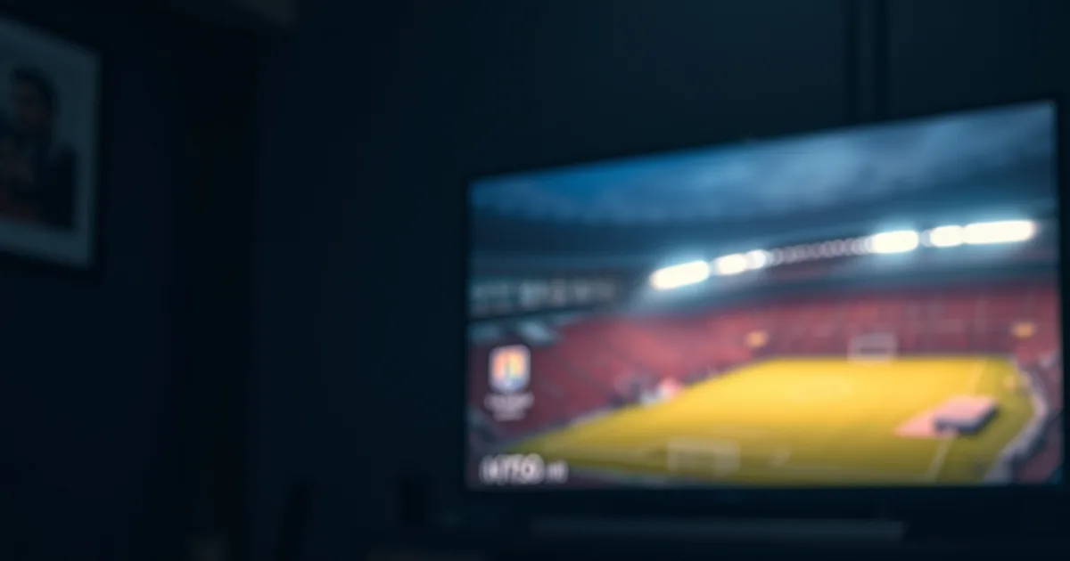 A dark, cinematic living room scene showing an Android TV streaming box glowing on a media console with a football match visible on the TV screen behind it