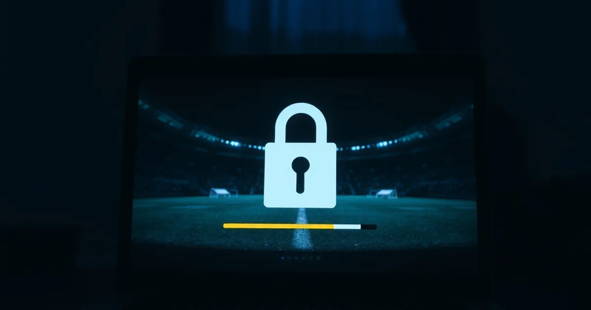 A laptop glowing in a dark room displaying a security checklist over a paused football stream, with a credit card resting beside it