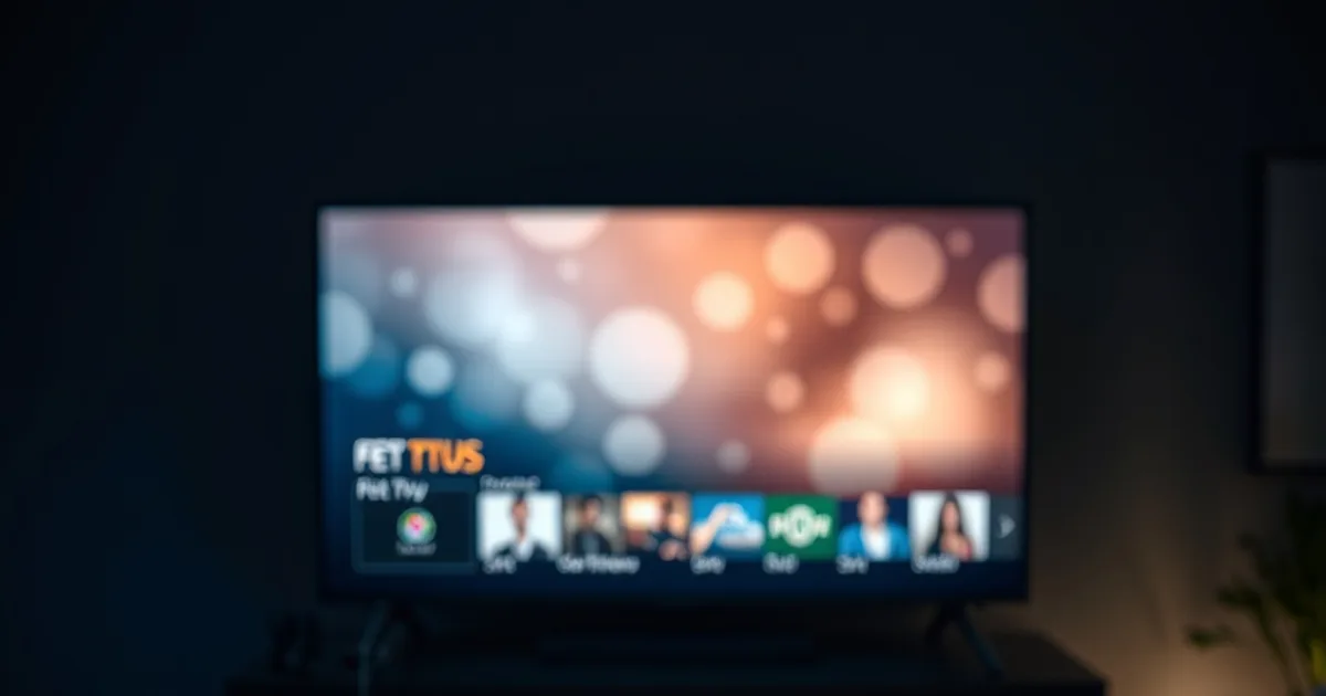 A streaming stick plugged into a television glowing with app tiles in a dim living room at night, remote control resting nearby.