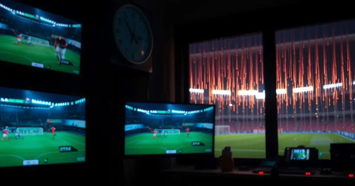 Dark, cinematic home streaming setup at night with multiple screens and a glowing router, evoking a midweek European football broadcast