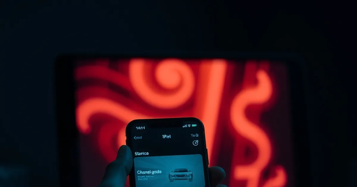 A hand holding an iPhone showing a glowing channel guide interface, with an iPad softly visible in the dark background