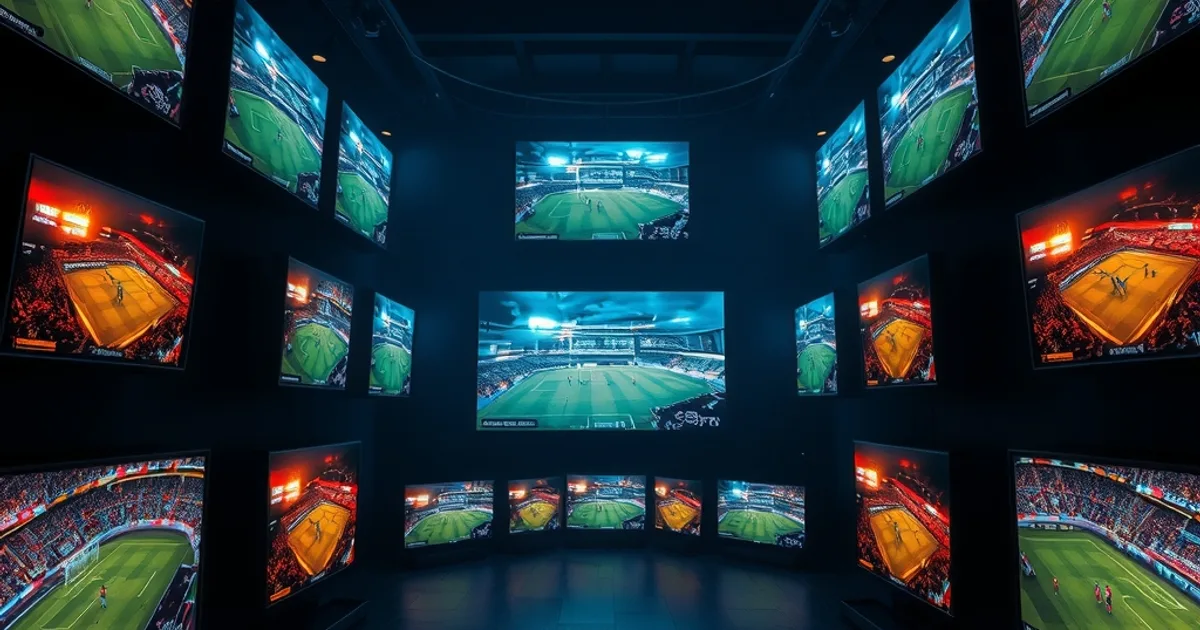 Dark room with multiple glowing screens each showing a different live football match, connected by faint light lines suggesting global broadcast feeds converging