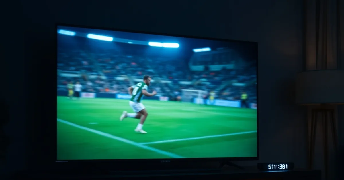 Dark living room at night with a TV showing a live football match, a streaming device and router glowing faintly in the background