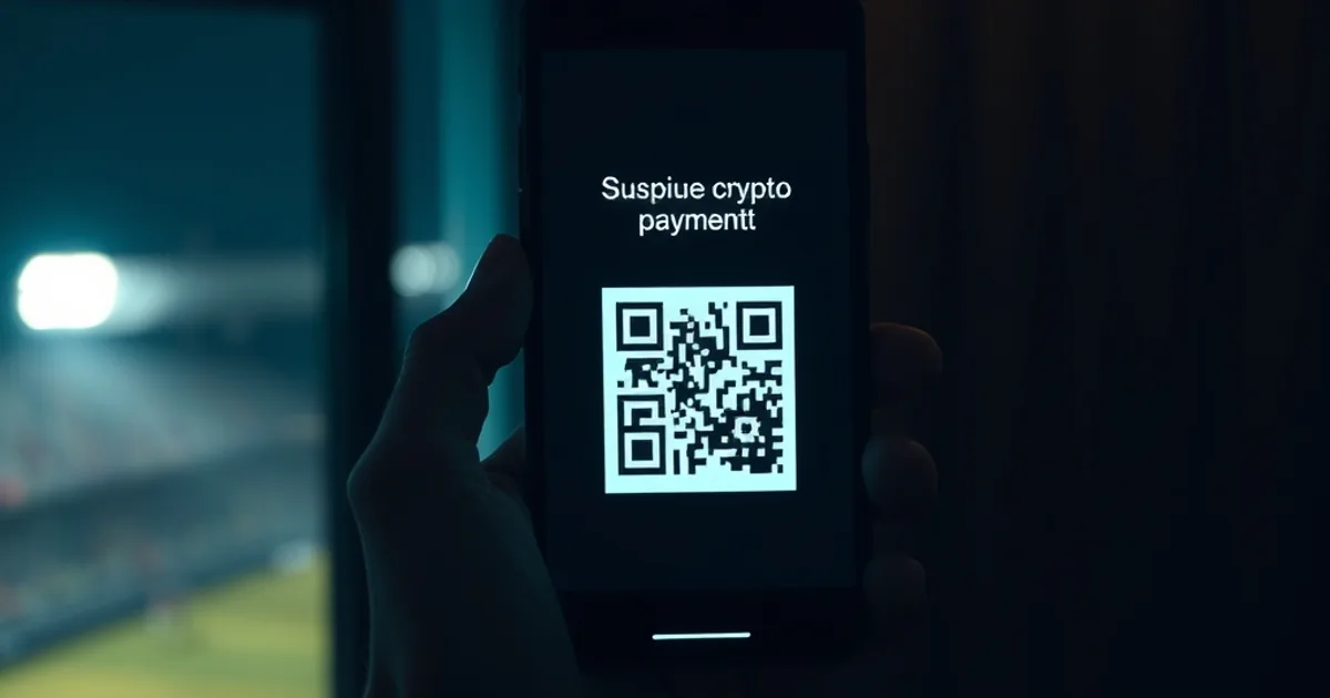A hand holding a smartphone showing a suspicious crypto payment screen at night, with a stadium's floodlights glowing faintly in the distant background.